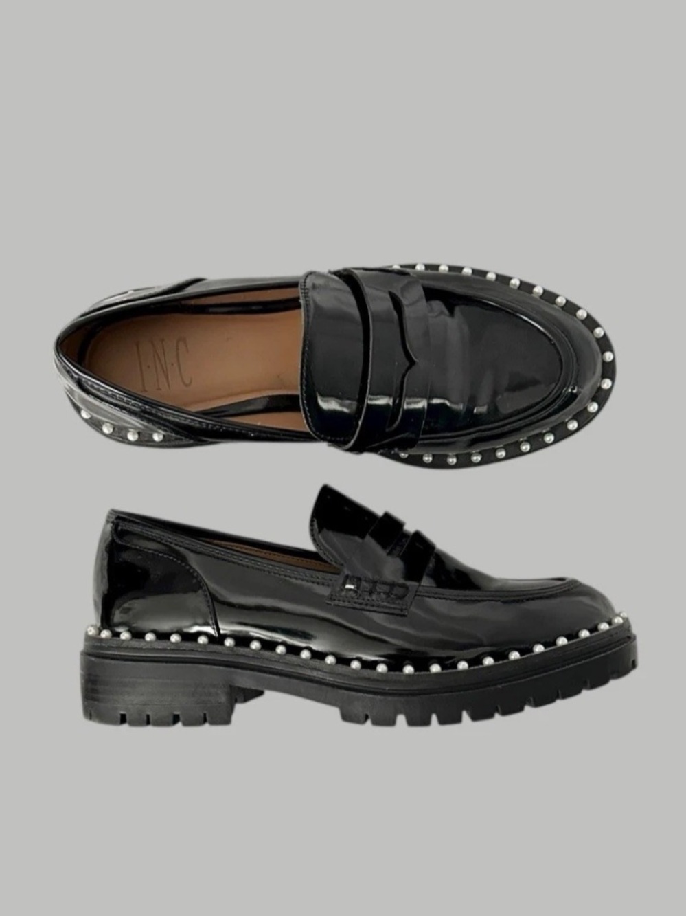 INC Black Patent Faux Leather Penny Loafer Pearl Studded Platforms Dark Academia